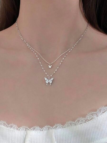 Elegant Dual Butterfly Pendant Necklace – Silver Finish